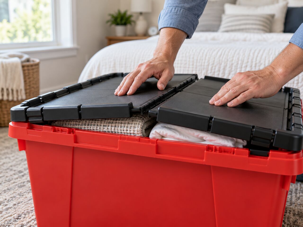 Hands closing the hinged lid of a packed red tote