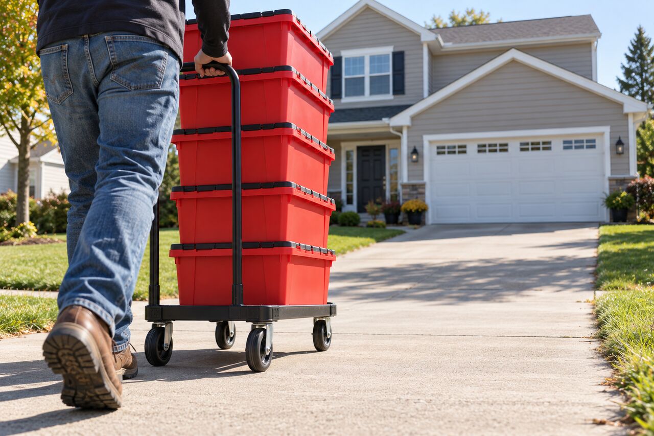 Red moving totes on a dolly rolling up a driveway toward a house