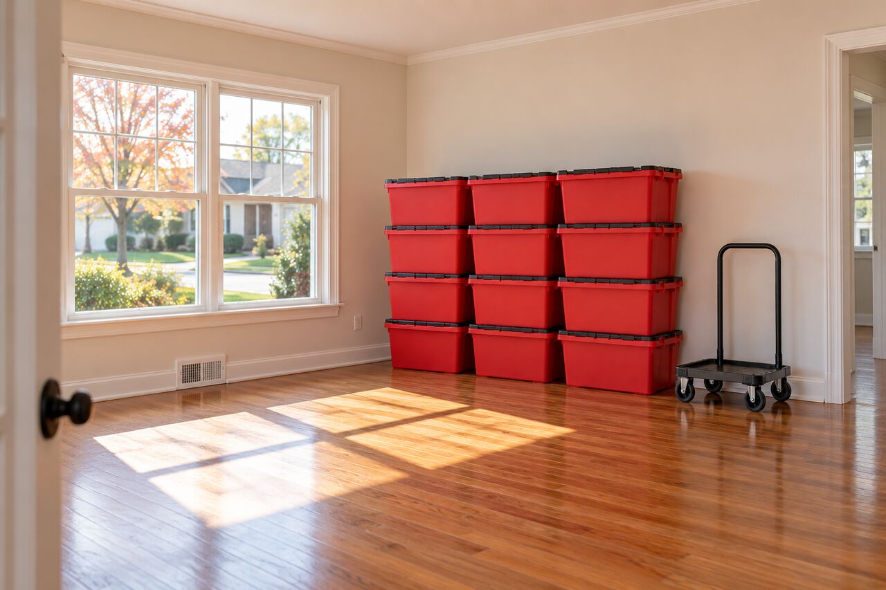 A neat stack of empty red totes in an empty living room