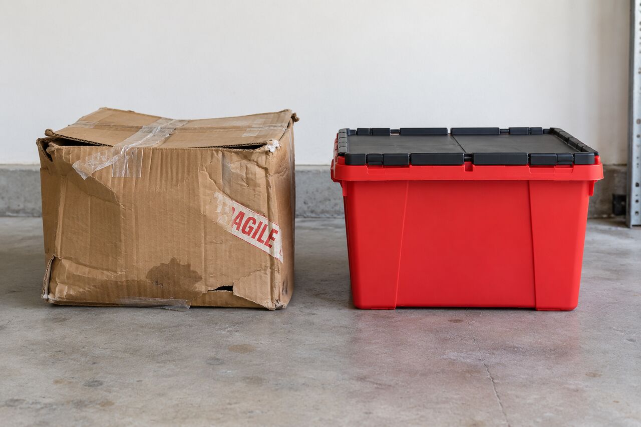 A crushed cardboard moving box beside a red plastic moving tote