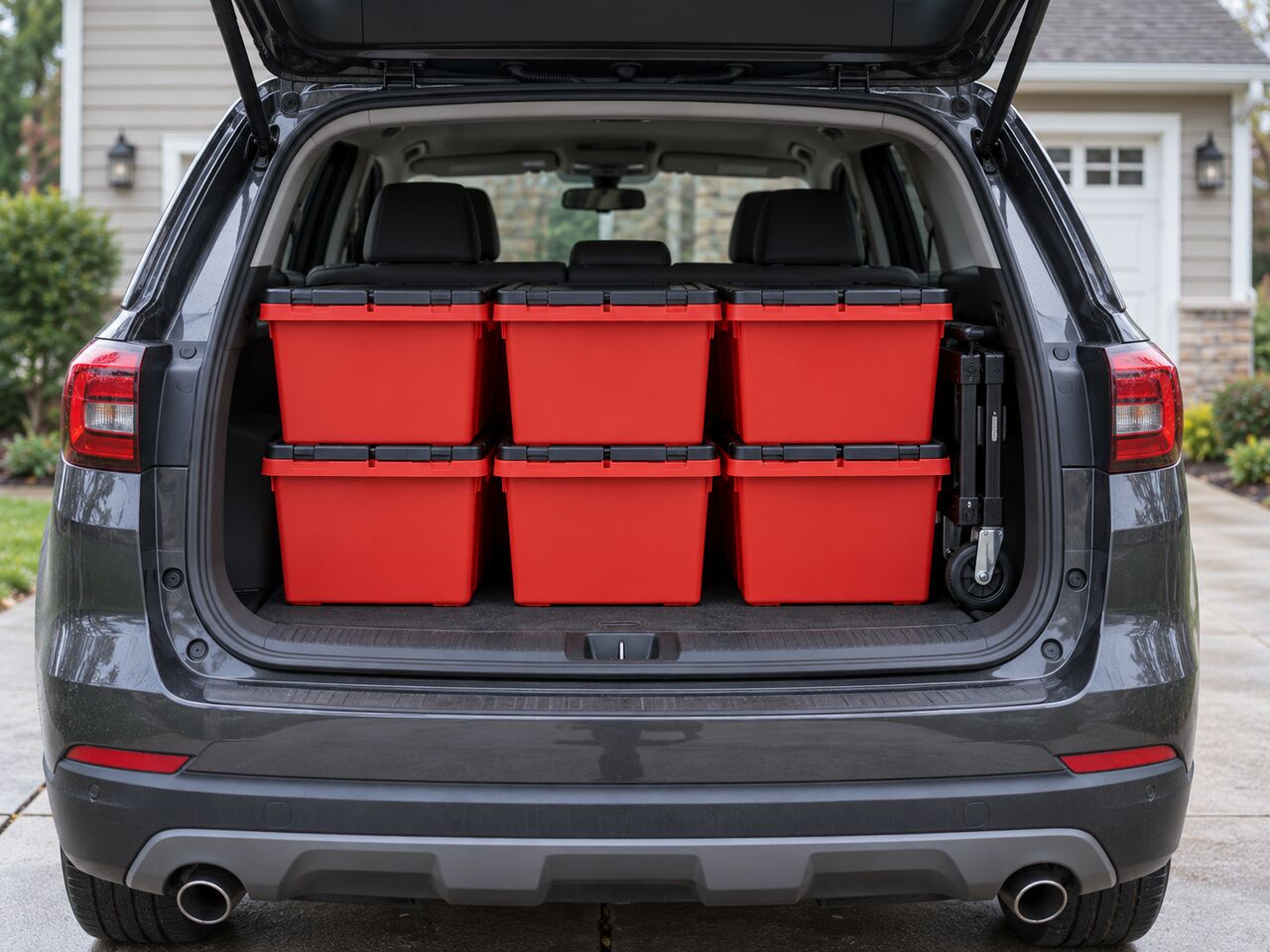 Red moving totes stacked in the back of an SUV